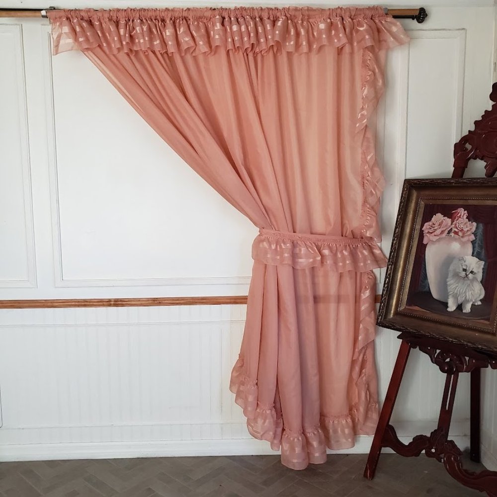 Priscilla Panel 133W x 83L Attached Valance Tie Backs Rod Pocket Orange Vintage
